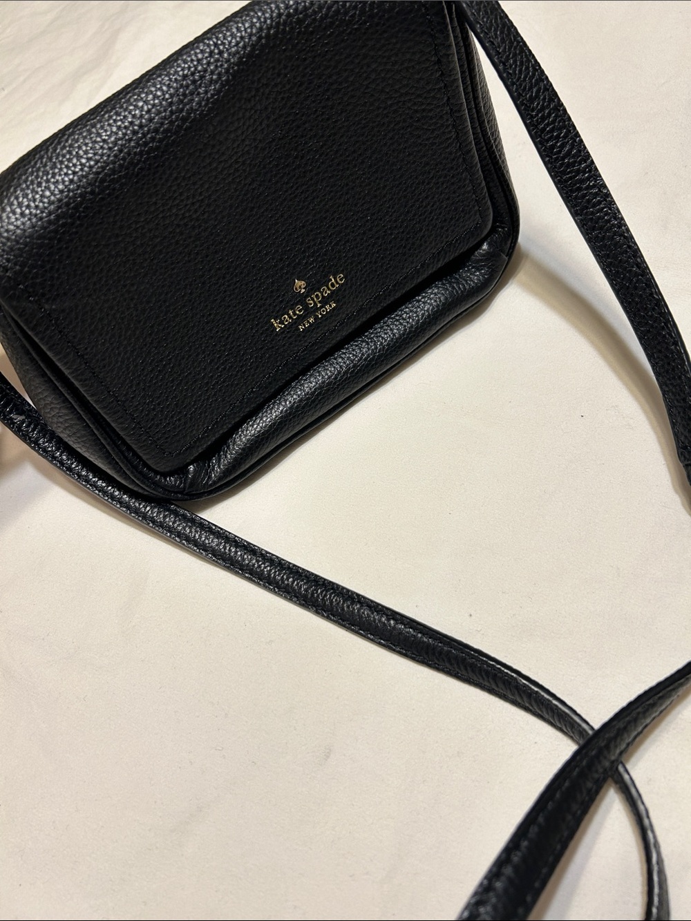 kate spade Black Pebbled Leather Mini Crossbody with Gold Logo